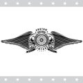 Motorbike wheel in side view between skulls and wings. Vintage motorcycle design isolated on white