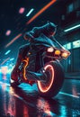 Motorbiker is riding a futuristic motorcycle on the night street concept
