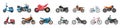 Motorbikes set. Moto transport, motorcycle delivery, motor cycle for motocross, bicycle activity, engine. Modern Royalty Free Stock Photo