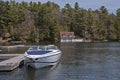 Motorboat docked on a lake