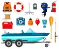 Motorboat equip vector illustration for outdoor water activity.Boat with motor and equipment for fishing leisure