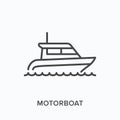 Motorboat flat line icon. Vector outline illustration of motor boat, water transportation. Speedboat thin linear