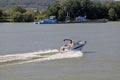 A motorboat, goin upwards the river Danube, Lower Austria Royalty Free Stock Photo