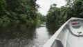 motorboat going down tropcial river in the amazon jungle