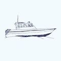 Motorboat, hand drawn doodle, sketch, black and white illustration