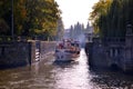 Motorboat in lock chamber on Vltava river in Prague