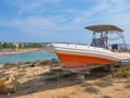 Motorboat near beautiful beach in  Cyprus Royalty Free Stock Photo