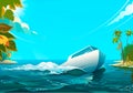 Motorboat in the ocean. Vector illustration of white motorboat floating in the ocean.