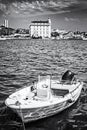 Motorboat in port, Split, Croatia, colorless Royalty Free Stock Photo