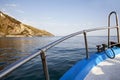 Motorboat sailing along the coast.