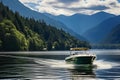 Motorboat sailing on serene lake over mountains and green forest. Generative AI