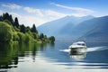 Motorboat sailing on serene lake over mountains and green forest. Generative AI