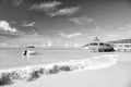 Motorboat, yacht on water, cafe in St. John, Antigua bay Royalty Free Stock Photo