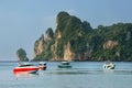 Motorboats anchored at Ao Loh Dalum beach on Phi Phi Don Island, Krabi Province, Thailand