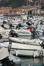 Motorboats anchored in the port of Lerici. In the background the houses of the village