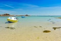 Motorboats anchored seashore summer background