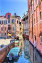 Motorboats Touirists Colorful Small Side Canal Venice Italy