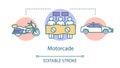 Motorcade concept icon. Vehicles procession idea thin line illustration. Police car, motorcycle and protesters with