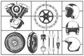 Motorcicle logo modeling elements set. Motor, wheel, chain, gearwheel, helmet, piston, wrench, spark plug. Vintage Motor Club Sign