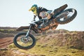 Motorcross, air jump and offroad sports stunt, speed challenge and desert rally. Driver, cycling and freedom on dirt