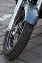 Front-wheel of a parked motorcycle