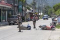 Motorcycle accident that happened on the road at tropical island Koh Phangan, Thailand . Traffic accident between a motorcycle on Royalty Free Stock Photo