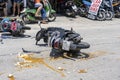 Motorcycle accident that happened on the road at tropical island Koh Phangan, Thailand . Traffic accident between a motorcycle on Royalty Free Stock Photo