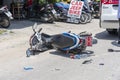 Motorcycle accident that happened on the road at tropical island Koh Phangan, Thailand . Traffic accident between a motorcycle on Royalty Free Stock Photo