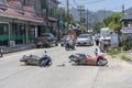 Motorcycle accident that happened on the road at tropical island Koh Phangan, Thailand . Traffic accident between a motorcycle on Royalty Free Stock Photo