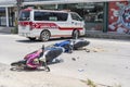 Motorcycle accident that happened on the road at tropical island Koh Phangan, Thailand . Traffic accident between a motorcycle on Royalty Free Stock Photo