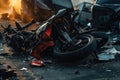 Motorcycle accident on the road, Motorcycle bike accident and car crash, broken and wrecked moto on road, AI Generated Royalty Free Stock Photo