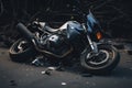 Motorcycle accident on the road. Motorcycle collision on the street, Motorcycle bike accident and car crash, broken and wrecked Royalty Free Stock Photo