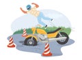 Motorcycle accident, vector illustration. Biker falling off motorcycle hitting pothole, driving into a hole in the road. Royalty Free Stock Photo
