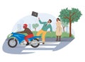 Motorcycle accident, vector illustration. Motorcyclist struck pedestrian on crosswalk. Road traffic accident. Royalty Free Stock Photo