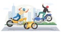 Motorcycle accident, vector illustration. Road crash. Two motorbikes collision. Road traffic accident. Royalty Free Stock Photo