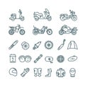 Motorcycle, auto parts and motorbike accessories vector line icons