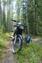 Motorcycle backpack trekking rest forest berries mushrooms picking the sun Royalty Free Stock Photo