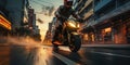 A motorcycle biker is rushing at high speed along a straight and empty city street. Generated by AI Royalty Free Stock Photo