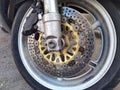 Motorcycle brake disc on a wheel Royalty Free Stock Photo