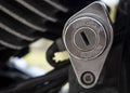 Motorcycle chopper ignition lock with on / off labels close-up