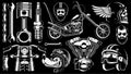 Motorcycle clipart with 14 elements on dark background. Royalty Free Stock Photo