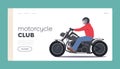 Motorcycle Club Landing Page Template. Man Wear Helmet Driving Cool Motor Bike, Biker Male Character Riding Scooter Royalty Free Stock Photo