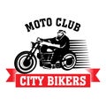 Motorcycle club logo. Emblem design. Red and black illustration of a biker rides a motorcycle