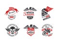 Motorcycle club retro badges set. Biker club, motorcycle repair shop, t-shirt print vintage labels vector illustration Royalty Free Stock Photo
