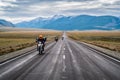 Motorcycle column traveling along the Chuysky tract at dawn