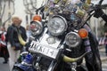 A motorcycle covered with travel memories