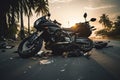 Motorcycle crash on the road in the city with sunset background, Motorcycle bike accident and car crash, broken and wrecked moto Royalty Free Stock Photo