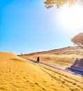 Motorcycle crossing an arid dune terrain