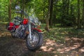 Motorcycle cruiser stands on dirt road in sunny green forest. Walk ride on chopper in forest road Royalty Free Stock Photo