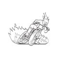 Motorcycle Driver with Fireball Head Driving Motorbike Flat Track Racing  Line Art Drawing Black and White Royalty Free Stock Photo